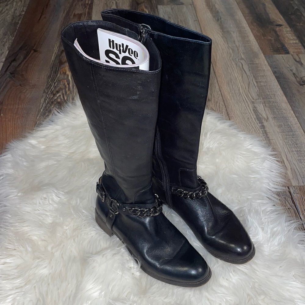Coach Black Mabel Leather Chain Buckle Knee High Riding Boots